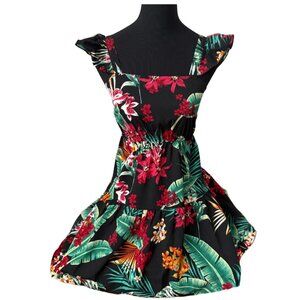 Black Tropical Floral Ruffle Sleeve Mini Dress